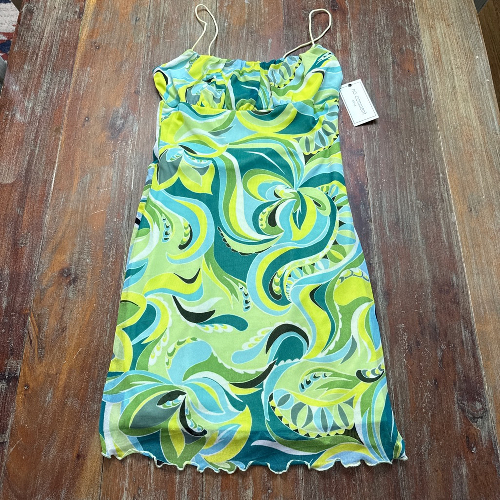 No Comment Green Blue Swirl Mesh Mini Dress M NWT